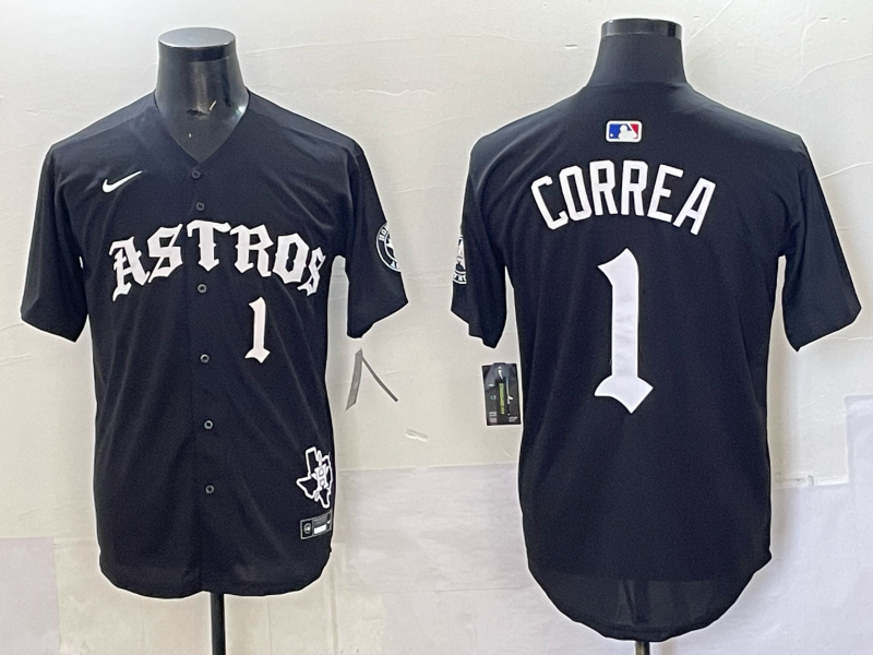 Men 2025 Houston Astros 1 Correa black Game Nike MLB Jersey style 0019